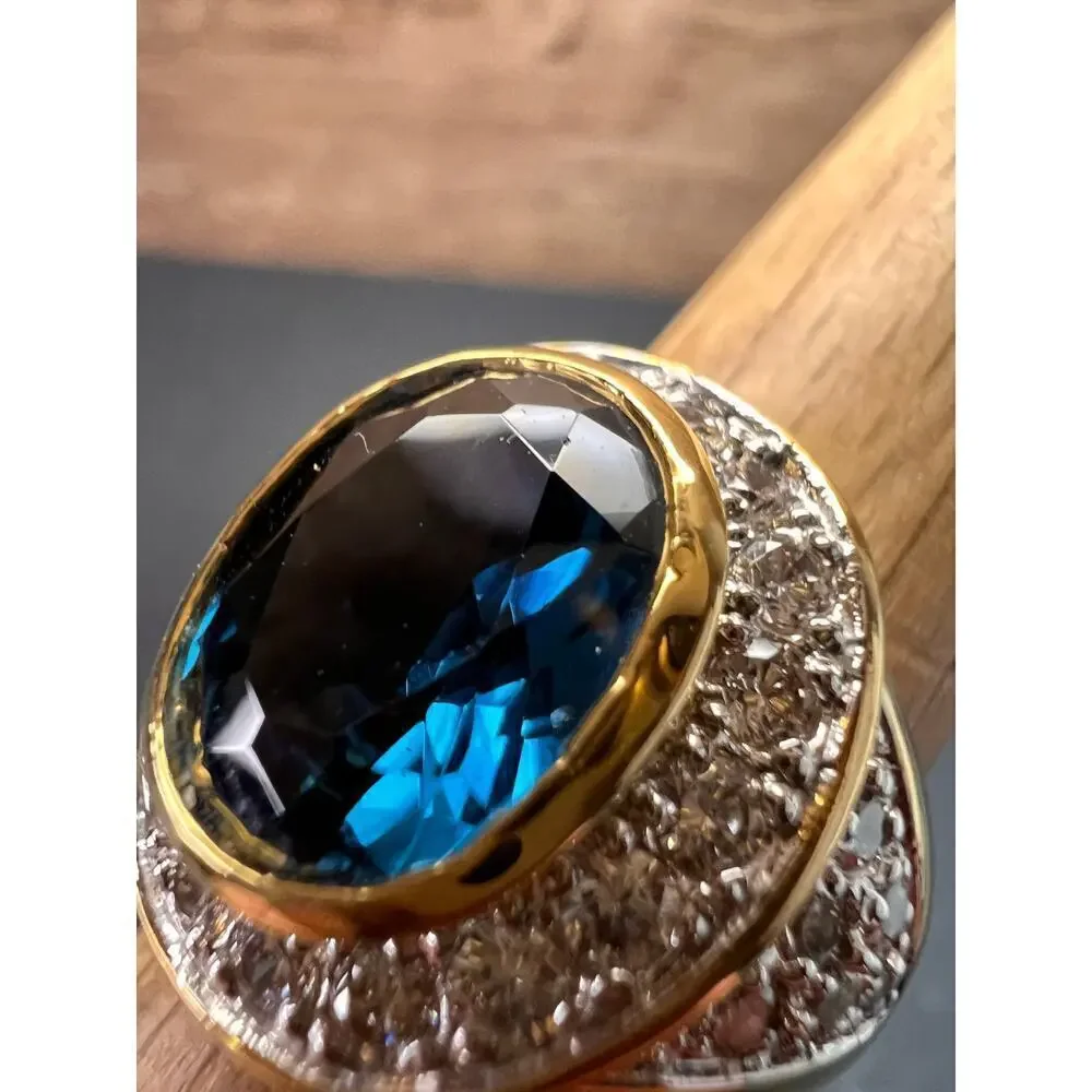 Lab blue spinel and CZ 18k rolled gold ring size 7